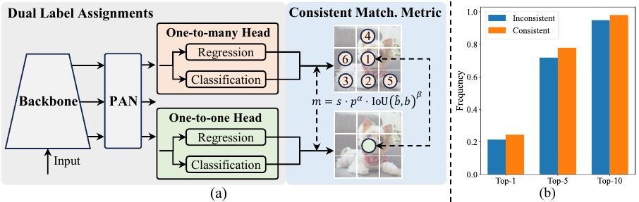 Consistent dual assignments: a one-to-many head and a one-to-one head trained together with a consistent matching metric.